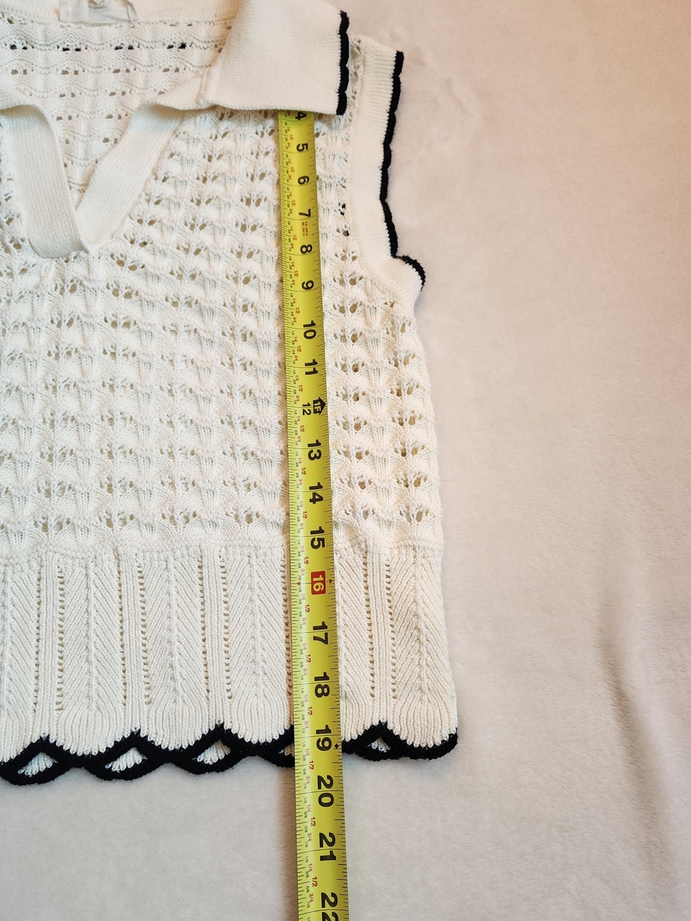 Cream Crochet Sweater Vest Contrast Scalloped Hem Women's Large Cotton Old Money - Picture 7 of 9